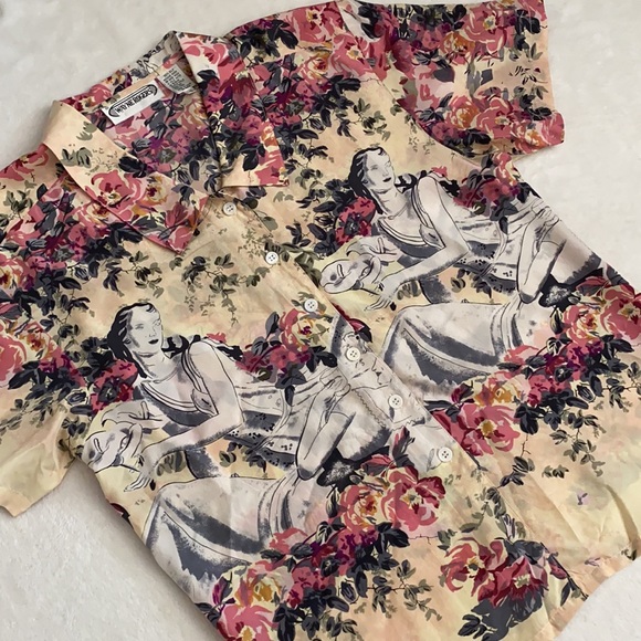 {VTG} Wayne Rogers | 100% Silk Floral Button Up Short Sleeve Top Art To Wear (S) - Picture 2 of 16